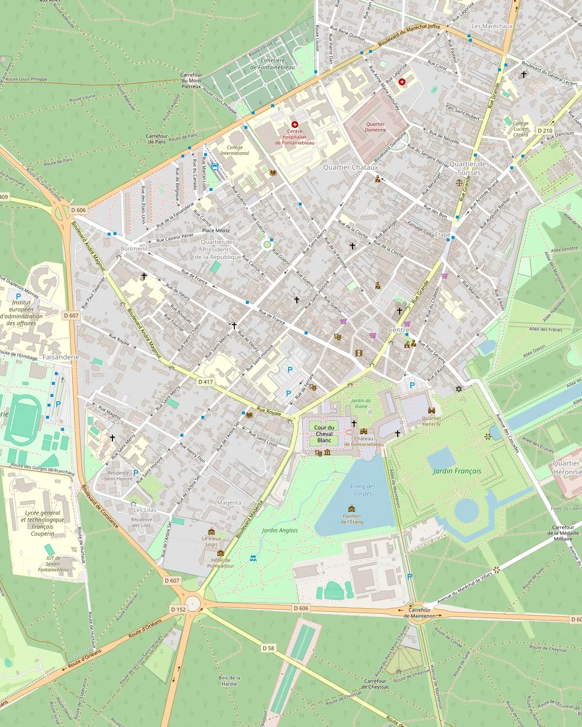 Plan du centre de Fontainebleau avec l’hôtel et les lieux à proximité